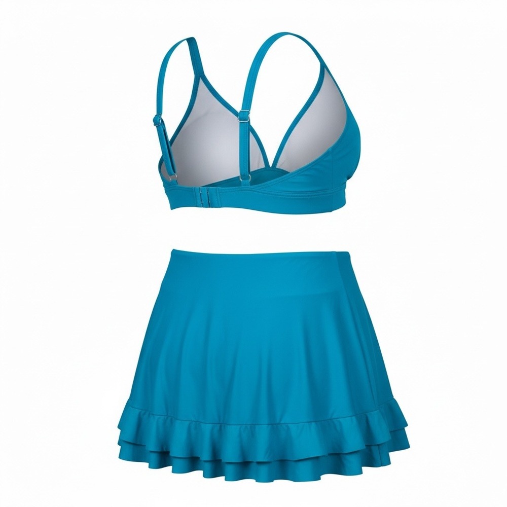 Blooming Jelly Teal Blue Bikini Set with Ruched Ruffle Swim Skirt Size L New - Picture 3 of 9